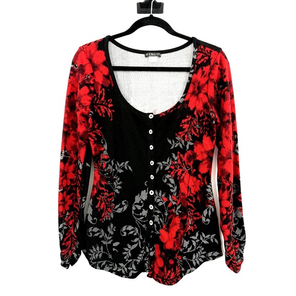 Venus Floral Cardigan Sweater Thin Womens Size Small Black Red Button Up - Picture 1 of 5